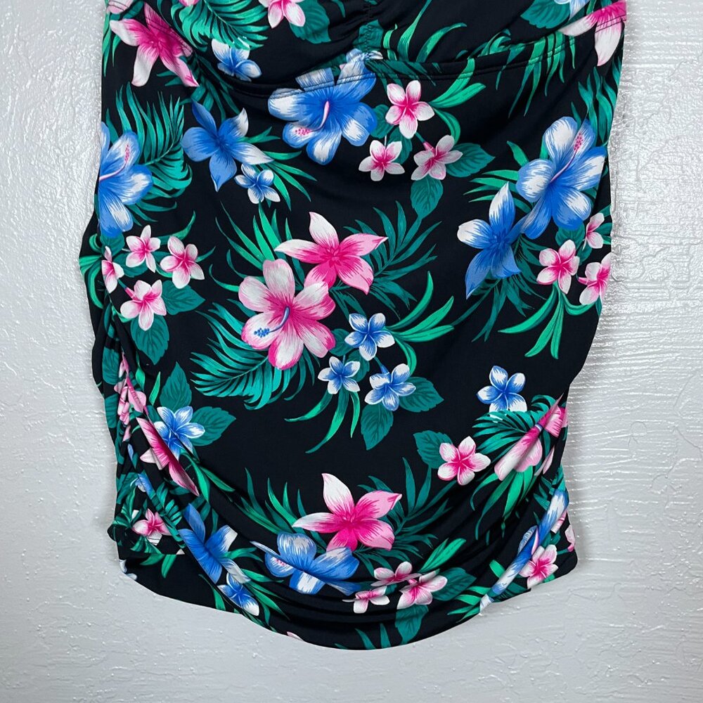 Catalina Women Plus Size 1X Black Floral One Piece Swimsuit Halter Padded Cups - Picture 2 of 10